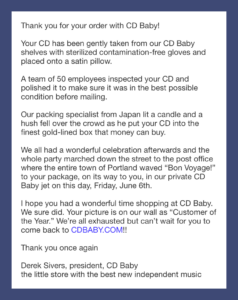 Example of Classic CDBaby Confirmation Email