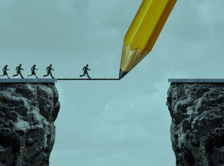 A pencil drawing a bridge over a gap while people run across it