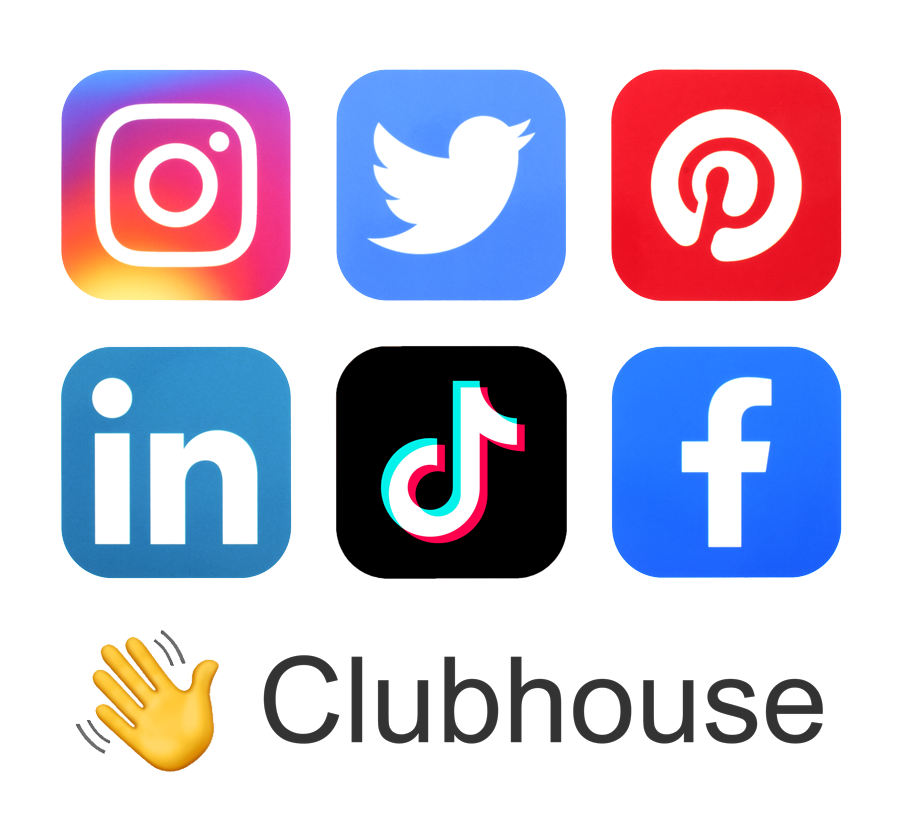 Icons for Instagram, Twitter, Pinterest, LinkedIn, TikTok, Facebook, and Clubhouse.