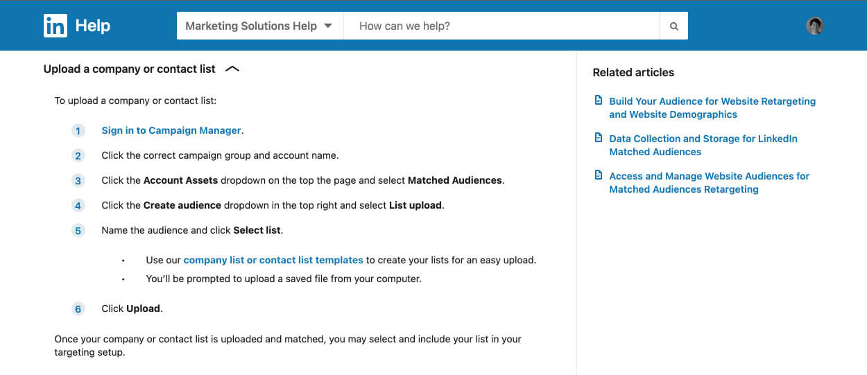 LI screenshot of a tutorial on uploading email lists