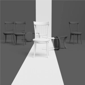 a white chair that interrupts gray ones