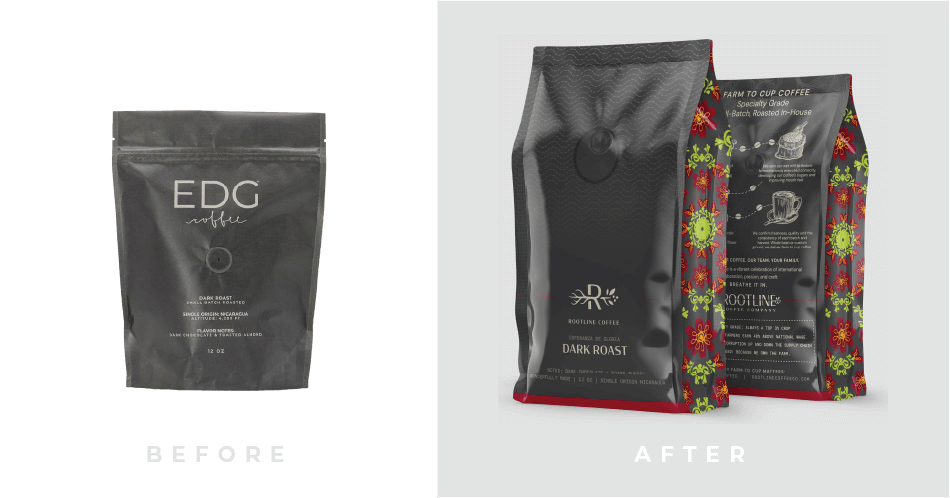 Rootline dark roast bag design - before and after photos