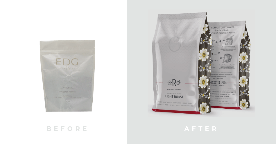 Rootline light roast bag design - before and after photos