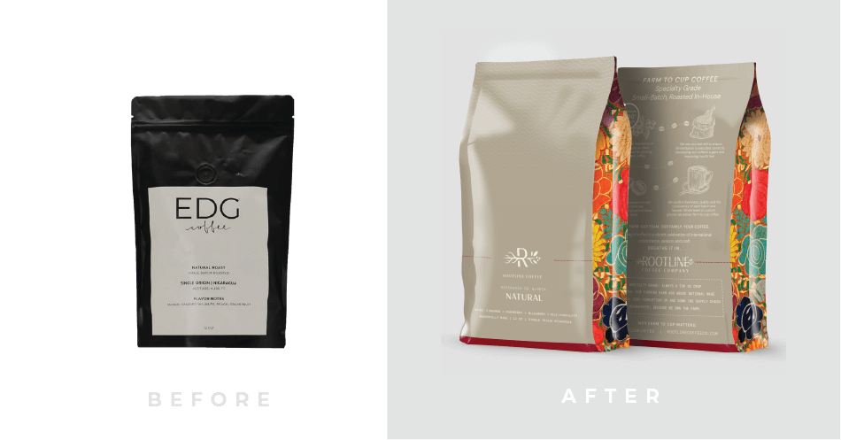 Rootline naturla roast bag design - before and after photos