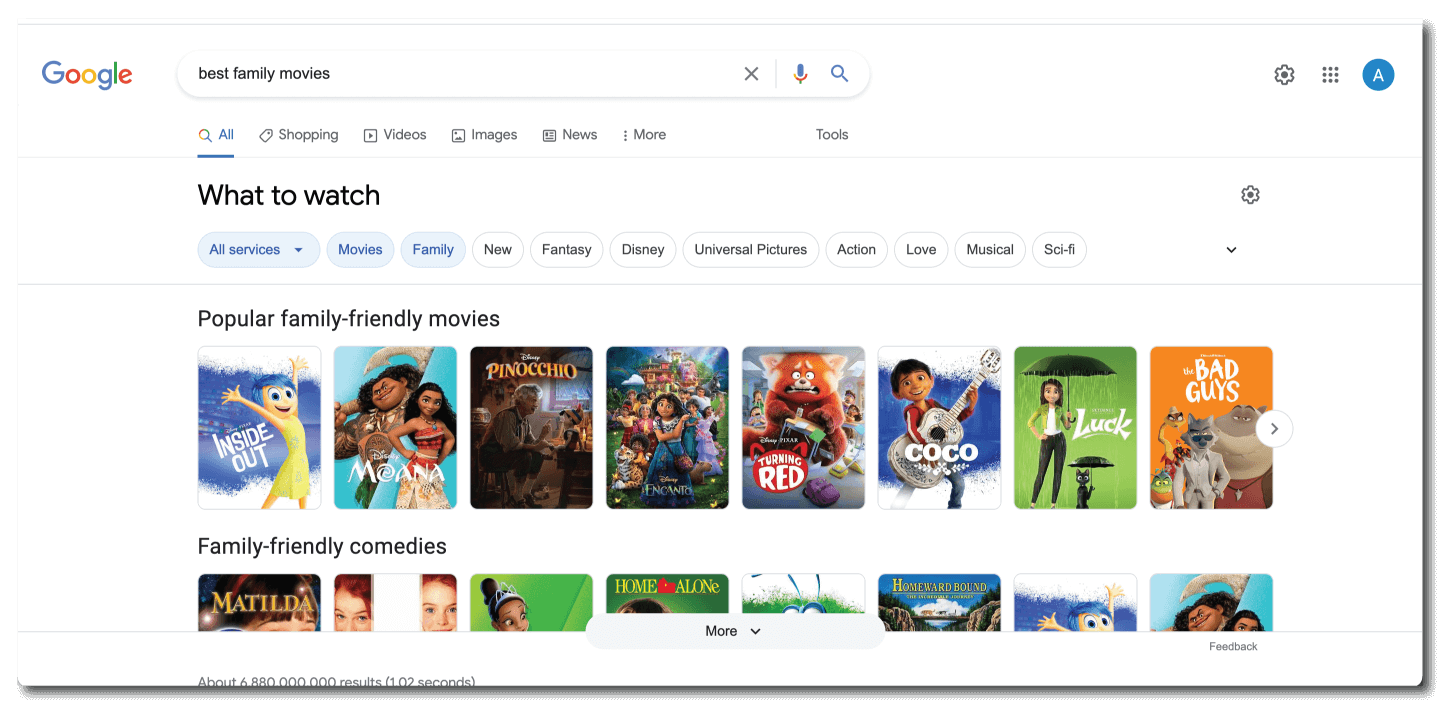 Google search results for best family movies