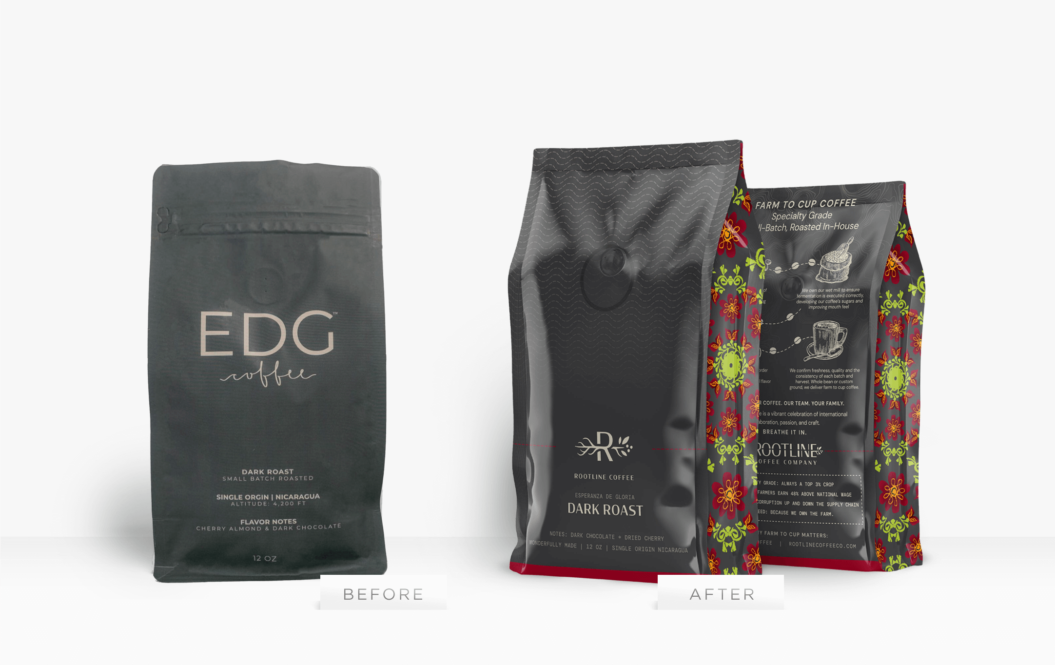 Rootline Dark Roast Coffee Bag Design - Before and After