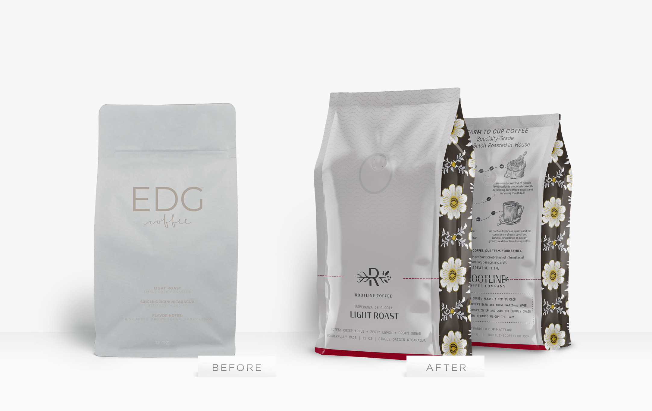 Rootline Light Roast Coffee Bag Design - Before and After