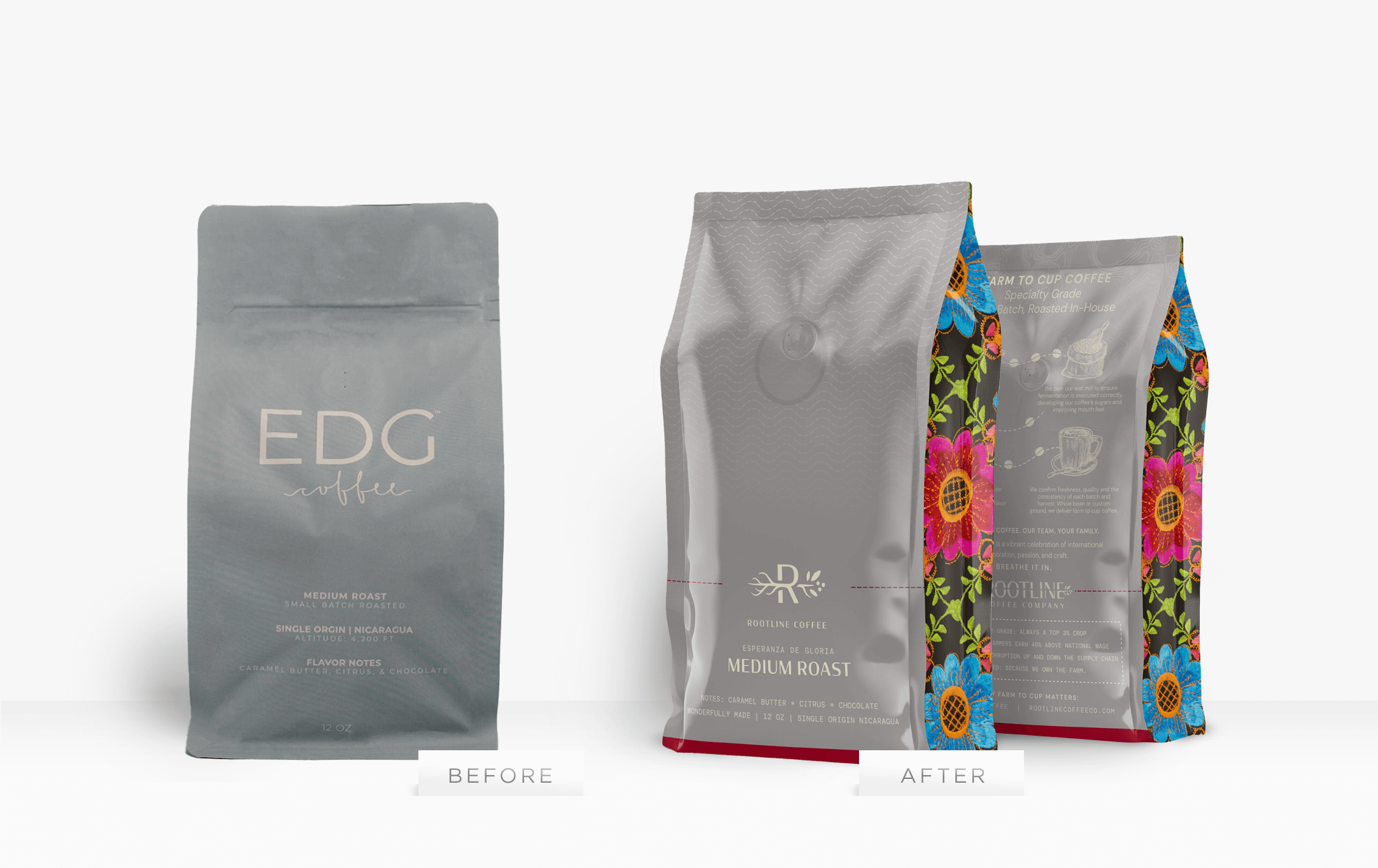 Rootline Medium Roast Coffee Bag Design - Before and After