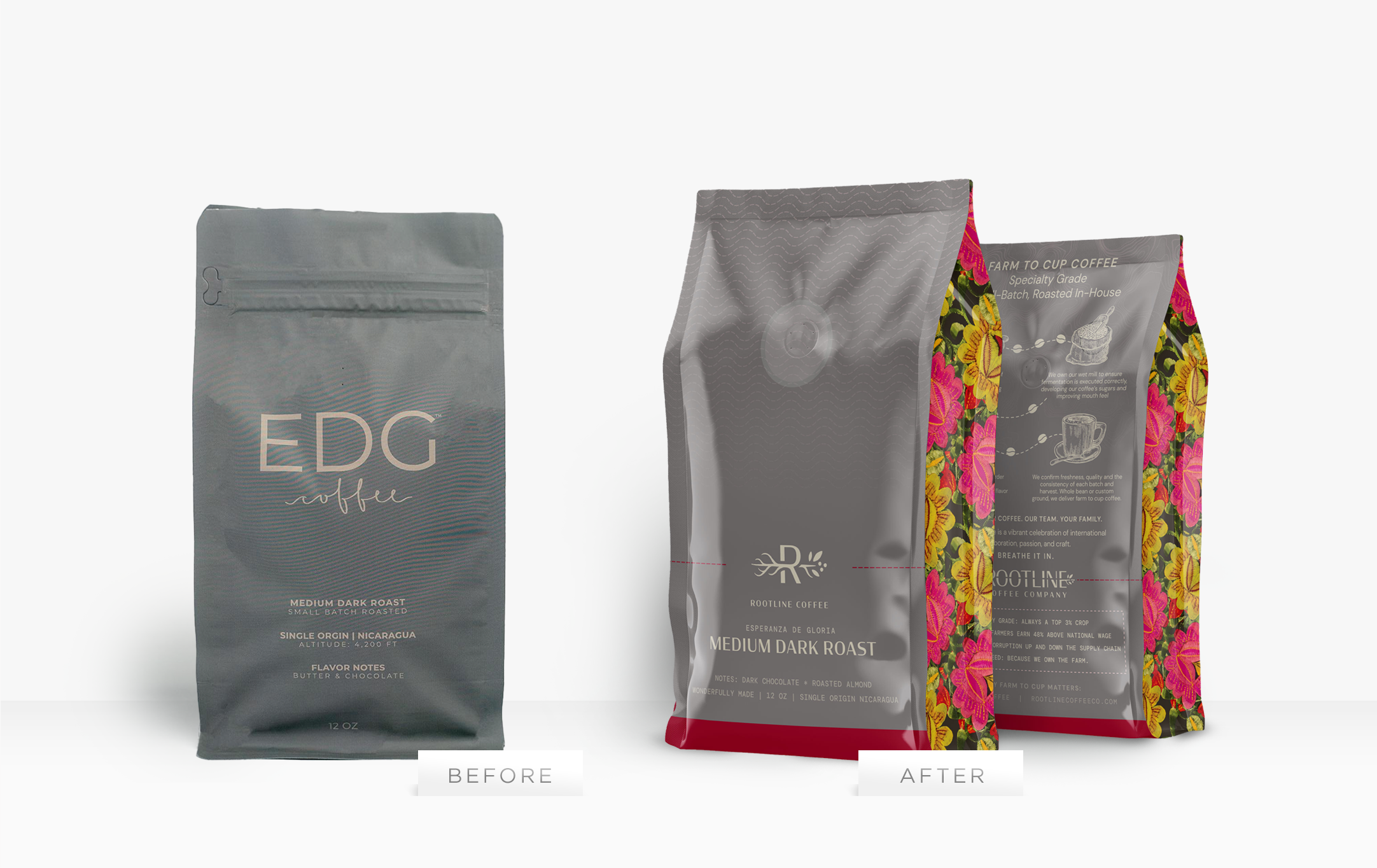 Rootline Medium Dark Roast Coffee Bag Design - Before and After